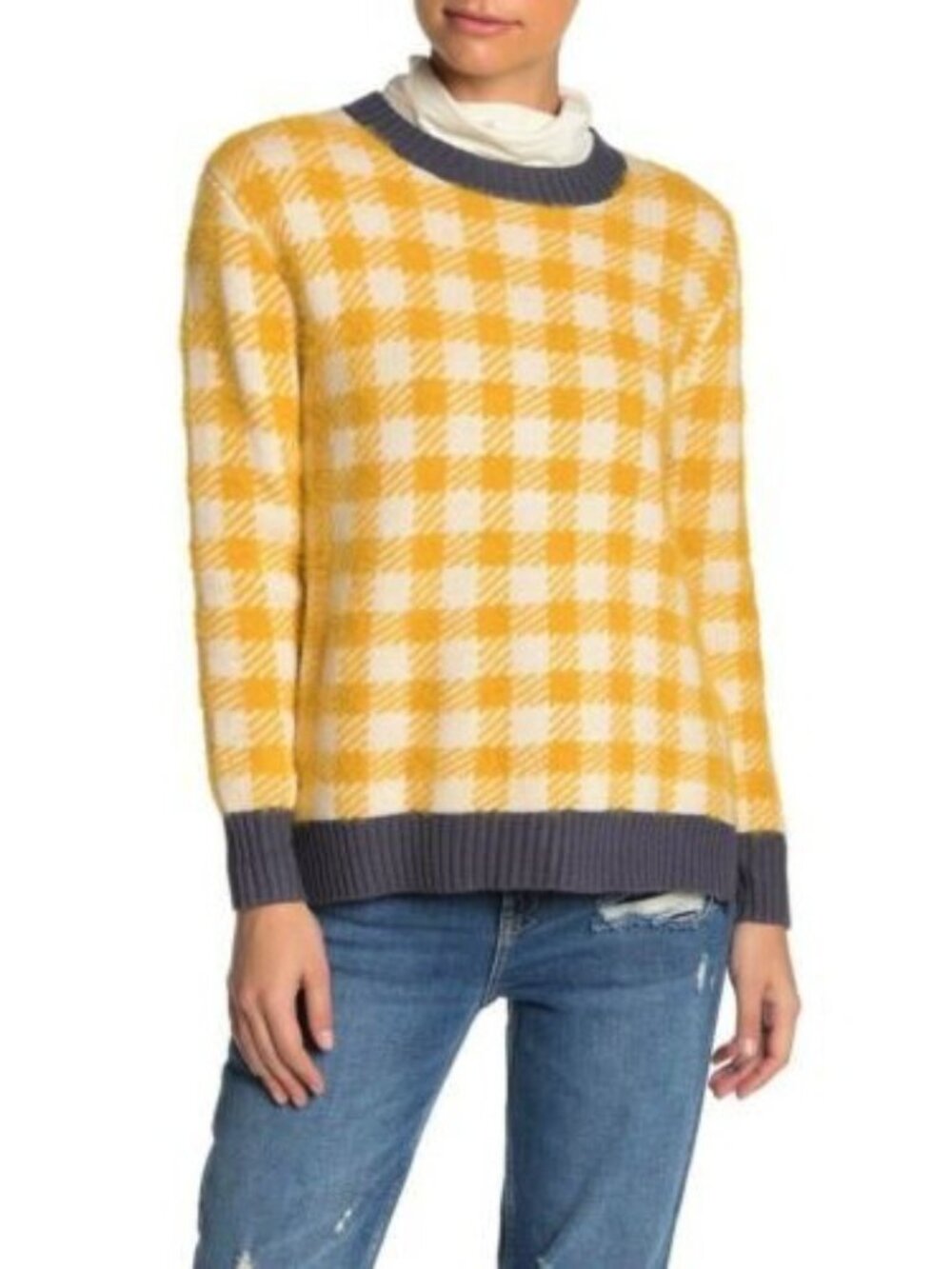 NEW Susina Yellow White Gray Check Plaid Gingham Sweater Fall Cozy Soft Preppy